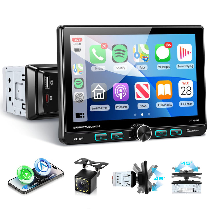 VECHTEL 1 DIN Autoradio mit 7 Zoll 1024x600 Touchscreen Schwenkdisplay