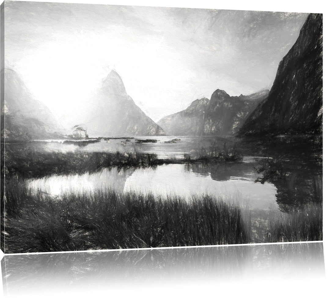 Pixxprint Milford Sound Neuseeland Kunst / 100x70cm Leinwandbild bespannt auf Holzrahmen/Wandbild Ku