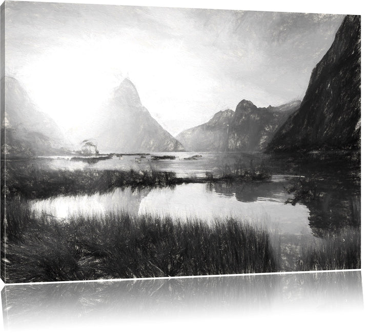 Pixxprint Milford Sound Neuseeland Kunst / 100x70cm Leinwandbild bespannt auf Holzrahmen/Wandbild Ku