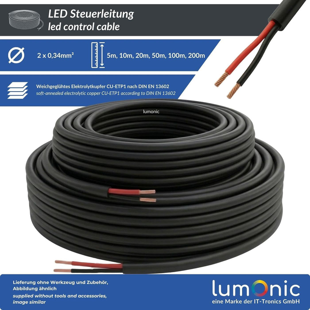 Lumonic 2x 0,34mm² LED Steuerleitung schwarz 100m I ummanteltes 2 adriges Kabel flexibel I Geschirmt