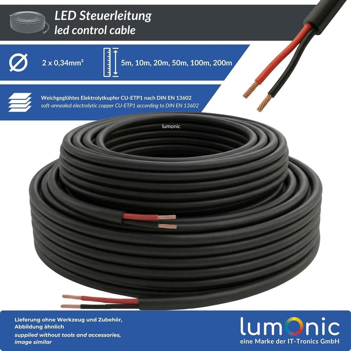 Lumonic 2x 0,34mm² LED Steuerleitung schwarz 100m I ummanteltes 2 adriges Kabel flexibel I Geschirmt