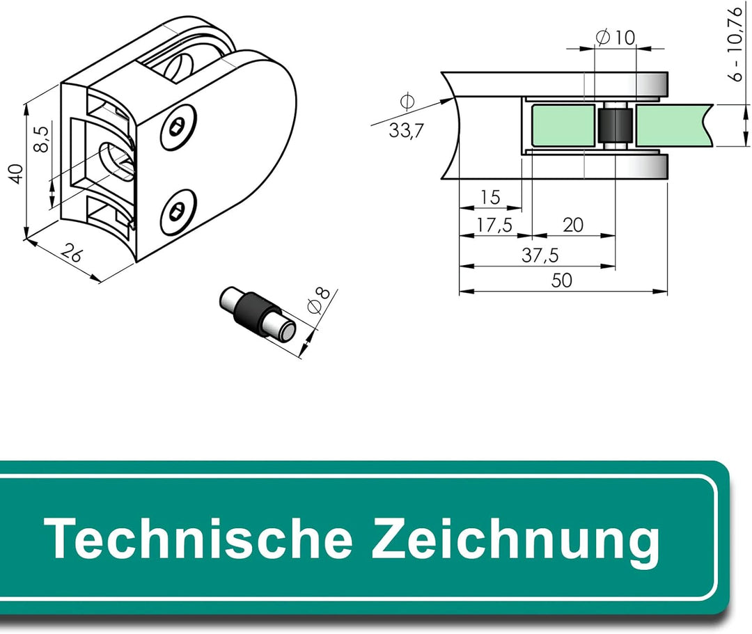PRIOstahl Glashalter 4 Stück Glasklemmen Klemmhalter Glasplattenhalter 50 x 40 x 26 mm mit Sicherung