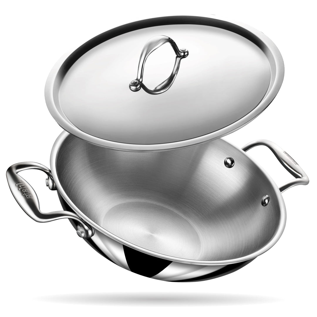 Stahl Edelstahl Triply Wok mit Deckel | Edelstahl-Kochgeschirr Triply Wok | Gas- &amp; Induktionsboden |