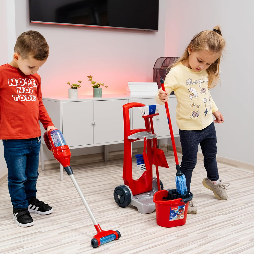 Theo Klein 6720 Vileda Besenwagen mit Upright Staubsauger I Inkl. Zubehör wie Wischmop, Eimer, Besen