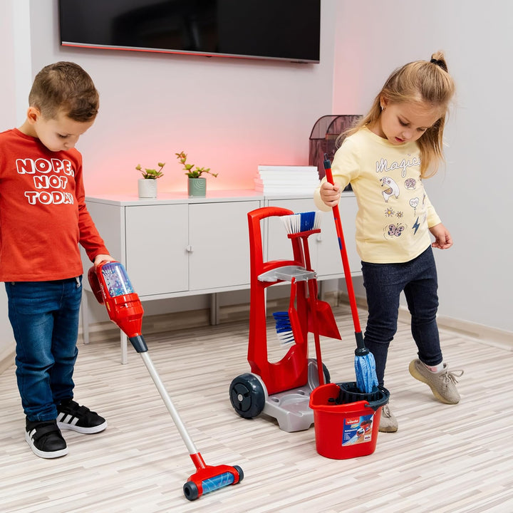 Theo Klein 6720 Vileda Besenwagen mit Upright Staubsauger I Inkl. Zubehör wie Wischmop, Eimer, Besen