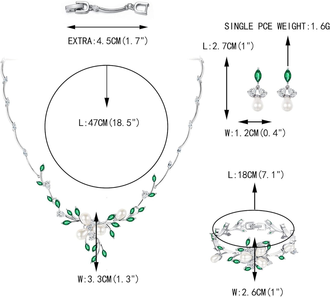 EVER FAITH Zirkon Simulierte Perle Blume Blatt Filigrane Halskette Ohrringe Armband Set Klar Grüne S