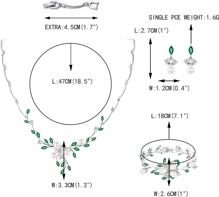 EVER FAITH Zirkon Simulierte Perle Blume Blatt Filigrane Halskette Ohrringe Armband Set Klar Grüne S