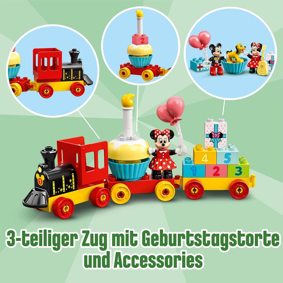 LEGO DUPLO | Disney Mickys und Minnies Geburtstagszug, Zug-Spielzeug mit Kuchen und Ballons, inkl. M