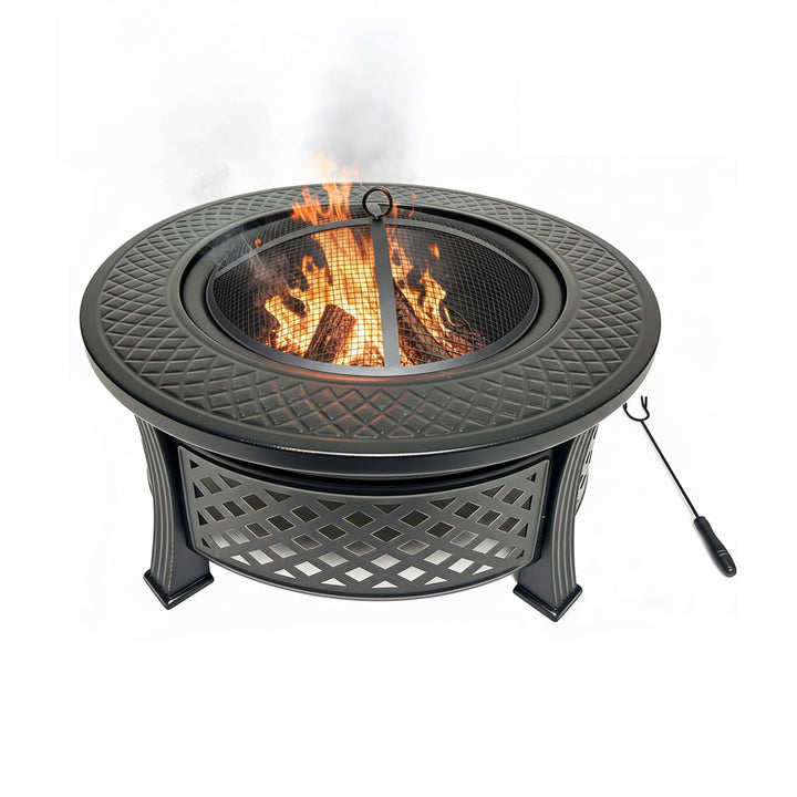 Relaxdays Feuerschale, Ø Schale 55 cm, mit Funkenschutz, Schürhaken, Stahl, Feuerstelle Garten, Terr