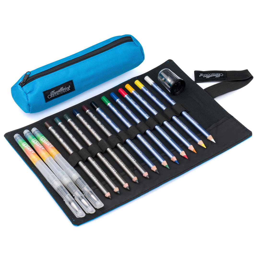 CRETACOLOR Rolletui „Aqua Set“ 25-tlg – Aquarellstifte & AquaGraph im Künstleretui – Wasservermalbar