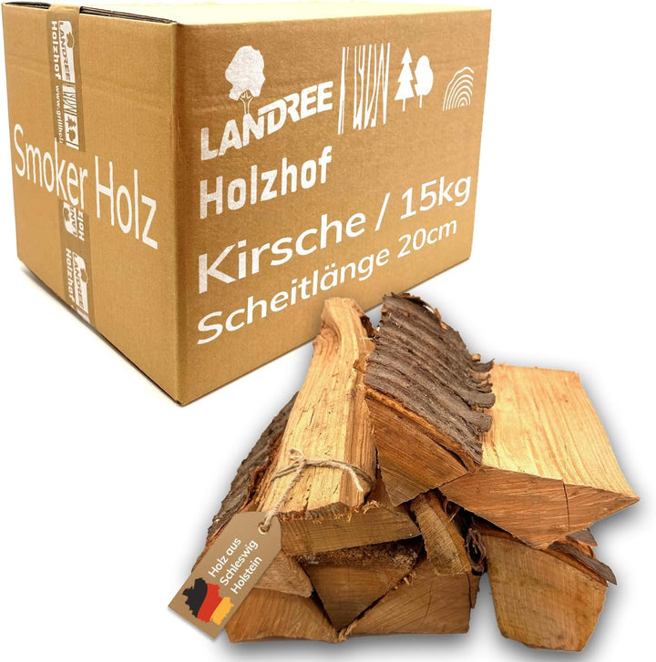 Landree Kirsche Smoker-Holz 15 kg - 20 cm Scheitlänge - Süsslich-fruchtiges Räucherholz, naturbelass