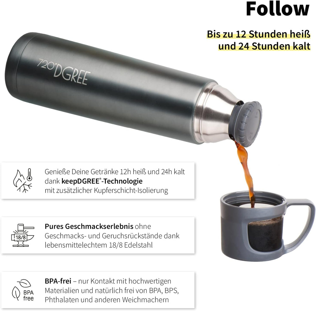720°DGREE Thermoskanne mit Becher “Follow” - 450ml, 700ml, 1l - Auslaufsicher, BPA-Frei - Edelstahl