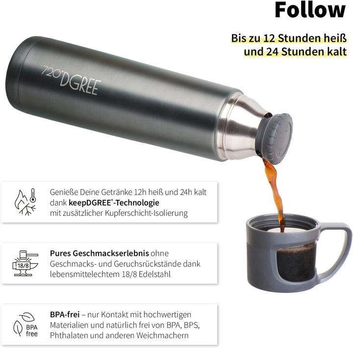 720°DGREE Thermoskanne mit Becher “Follow” - 450ml - 3 Grössen, Auslaufsicher, BPA-Frei - Edelstahl