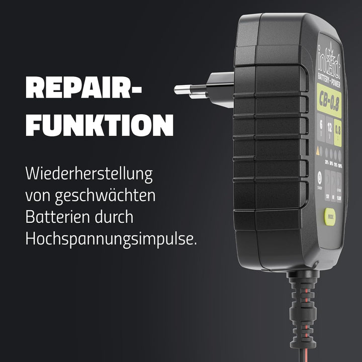 intAct ChargeBox Ladegerät für Motorradbatterien & Rollerbatterien | 0,8A Batterieladegerät für 6V u