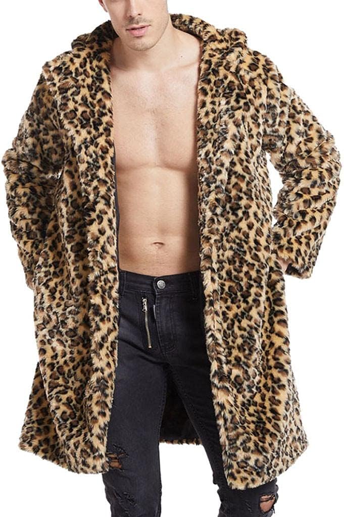 Celucke Pelzmantel Herren Lang Kunstpelz Mantel Leopard Strickjacke Reverskragen Winterjacke Warme V