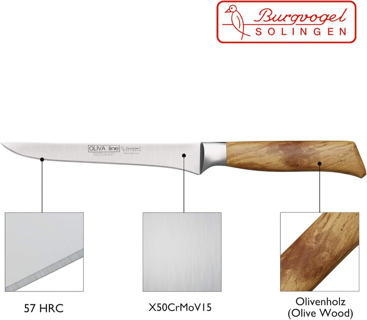 Burgvogel Solingen Ausbeinmesser 15 cm geschmiedet Olivenholz, Oliva Line, rostfrei, hell, scharf, 6