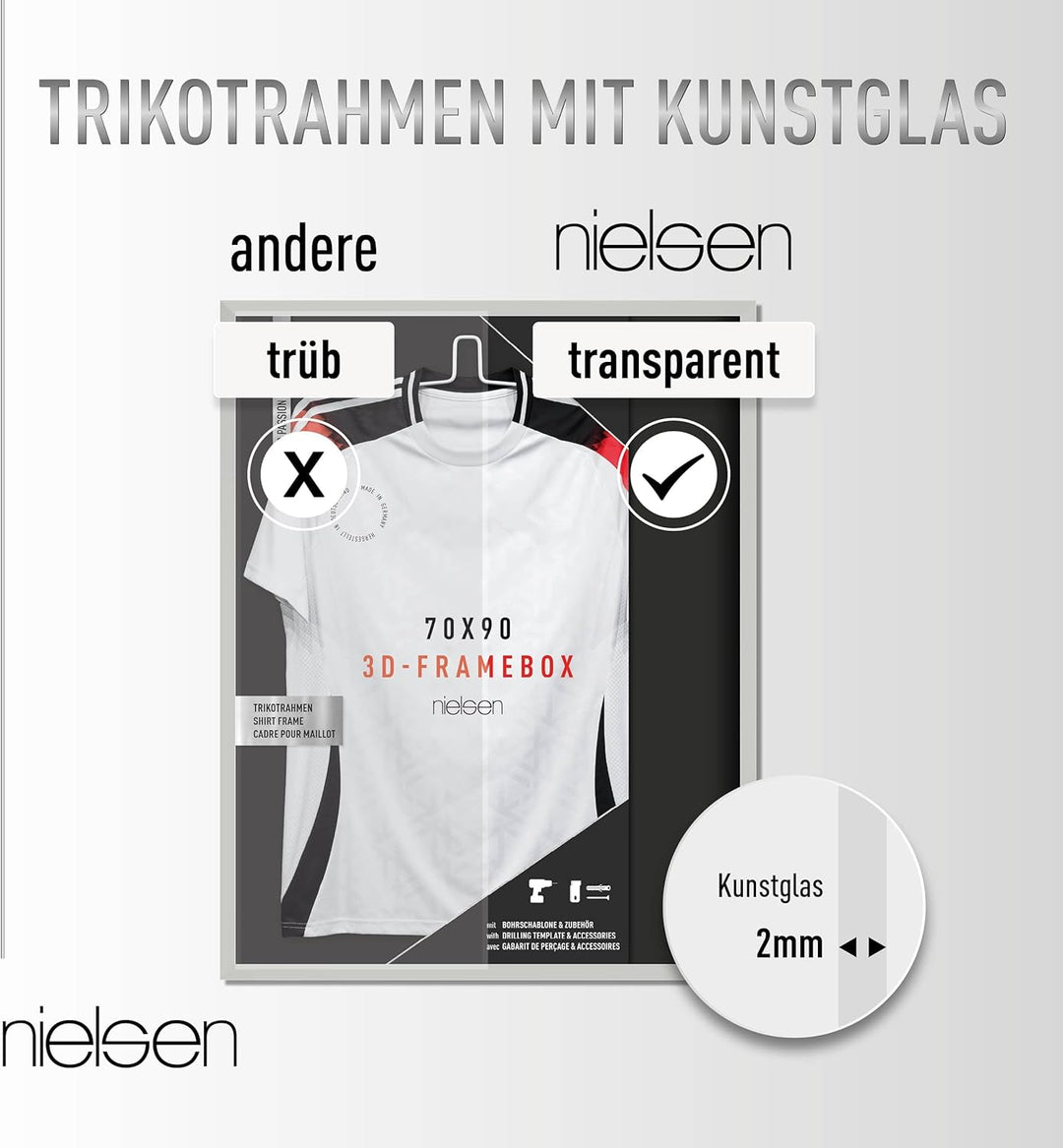 nielsen Trikotrahmen, 70 x 90 cm - Floatglas, Aluminium, Schwarz matt, Objektrahmen zum Aufhängen im