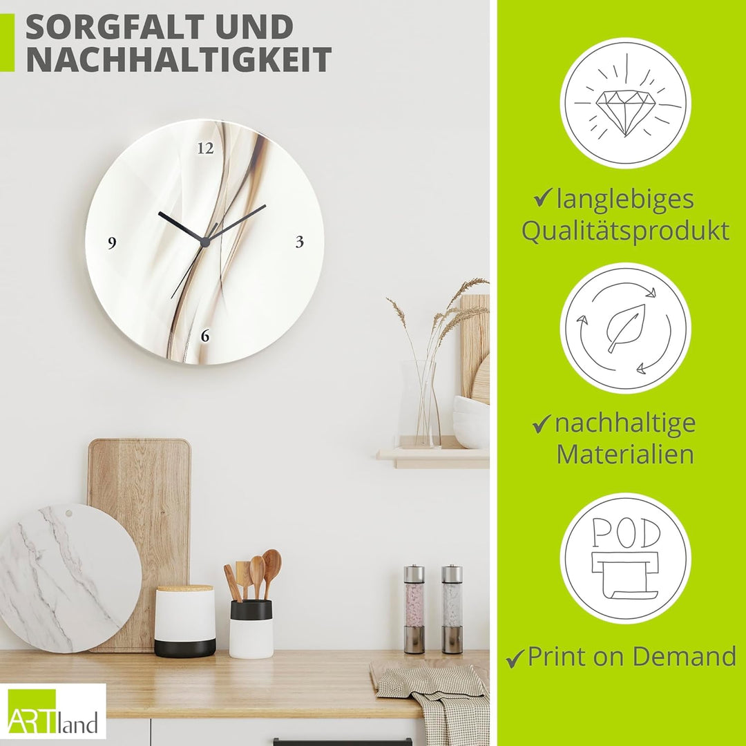 ARTLAND Wanduhr ohne Tickgeräusche Glas Funkuhr Ø 30 cm Rund Lautlos braune Welle abstrakt Braune We