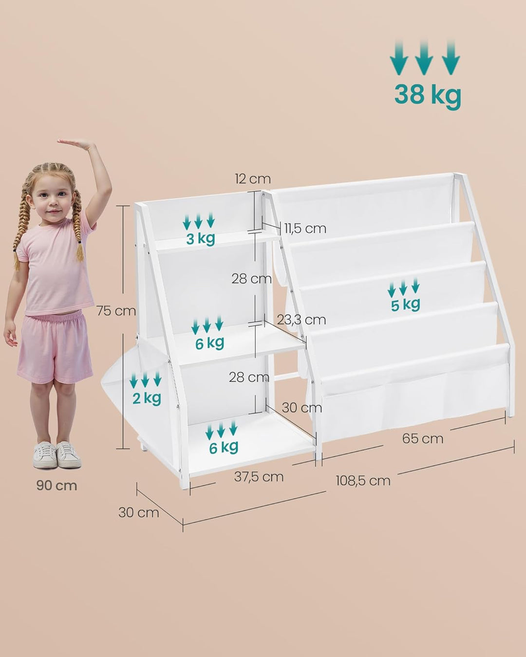 SONGMICS Bücherregal Kinder, Kinderregal, Spielzeugregal, Bücher-Organizer, mit Seitentasche, 75 cm