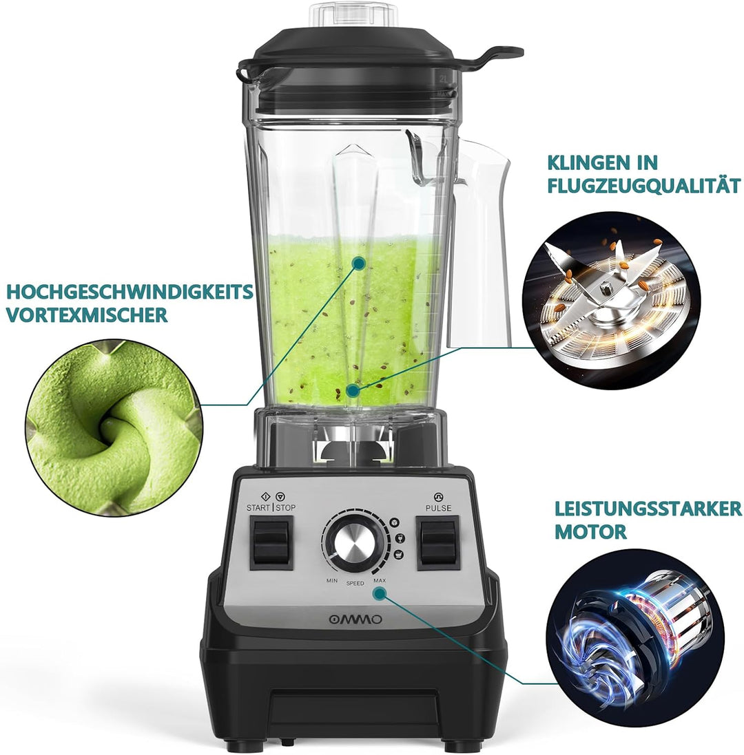 OMMO Standmixer 1.8L Hochleistungsmixer, 300 ml To-Go Becher, 6-Fach Metallmesser, Pulsfunktion, MAX