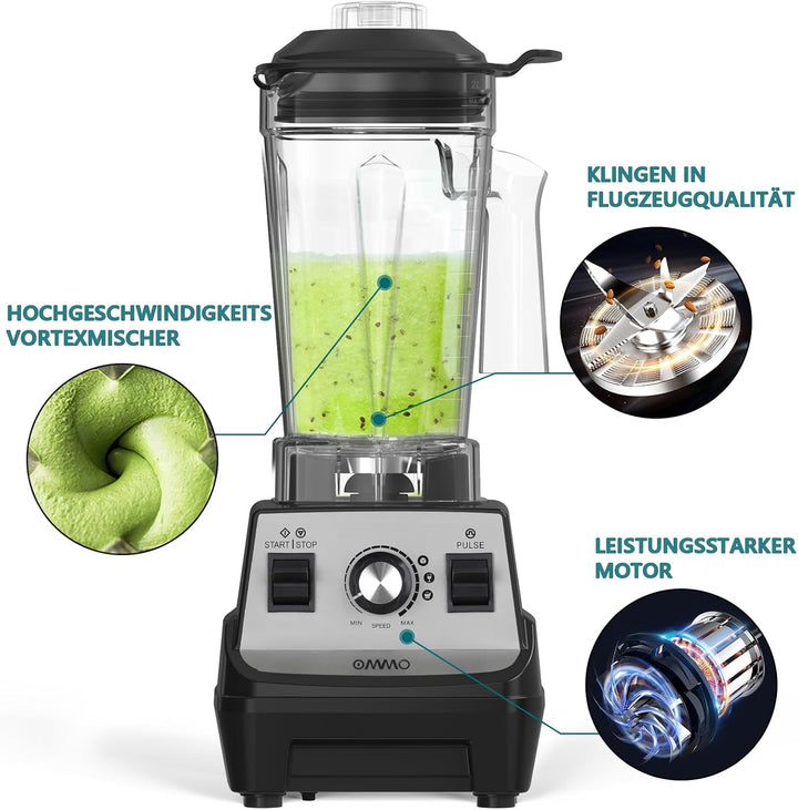 OMMO Standmixer 1.8L Hochleistungsmixer, 300 ml To-Go Becher, 6-Fach Metallmesser, Pulsfunktion, MAX