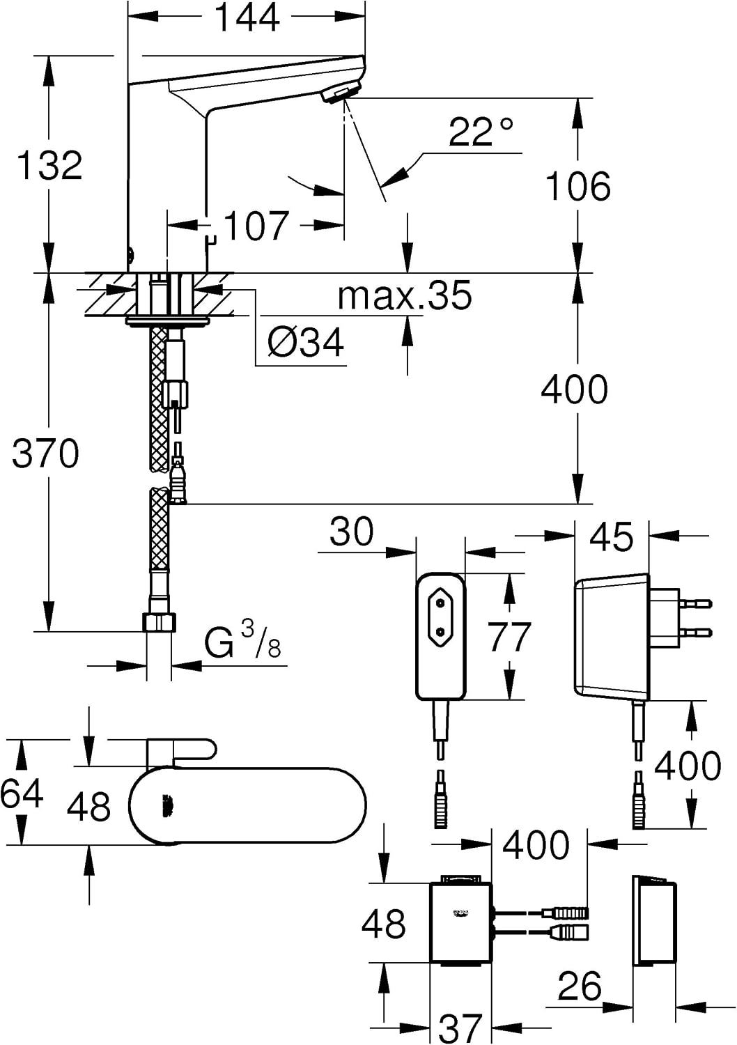 Grohe Infrarot-Elektronik für Waschtisch, DN 15 mit Mischung, 1 Stück, 36413000, Grau mit Mischung