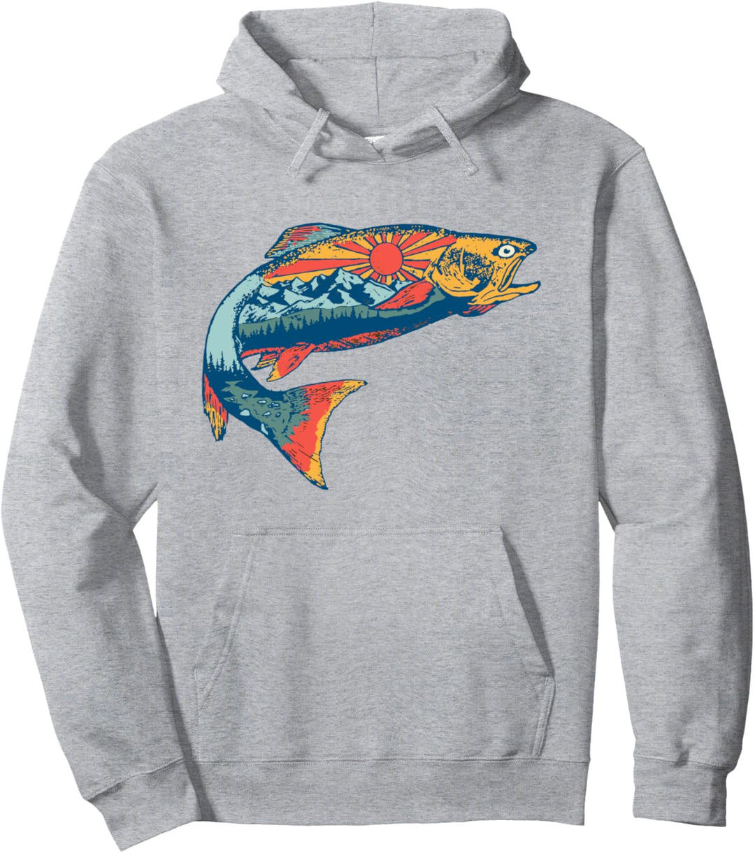 Trout Outdoor Illustration Series - Mountains Gray Pullover Hoodie