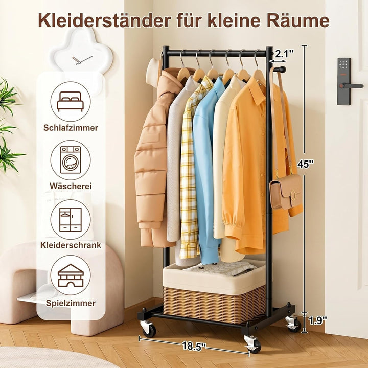 MISSLO Kleiderständer Klein auf Rollen, 114 cm Schmal Kleiderstange mit Ablagen, Metall Stabil Klamo
