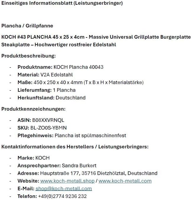 KOCH #43 PLANCHA 45 x 25 x 4cm - Grillpfanne Grillplatte Burger- Steakplatte made in Germany – Hochw