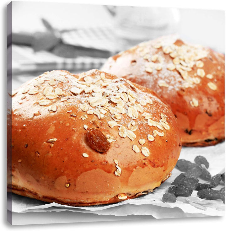 Pixxprint Rosinenbrötchen mit Hafer schwarz/weiss, Format: 70x70 auf Leinwand, 70x70