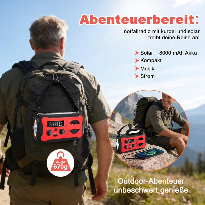 Kurbelradio, Tragbares Solarradio mit AM/FM, 8000mAh Powerbank, Notfallradio mit SOS-Alarm, LED-Tasc