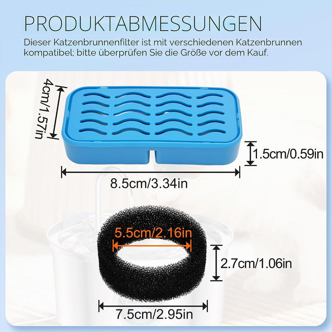 8 Stück Filter + 8 Stück Schaumstofffilter für Katzenbrunnen – Dreifache Filterung mit Aktivkohle &amp;