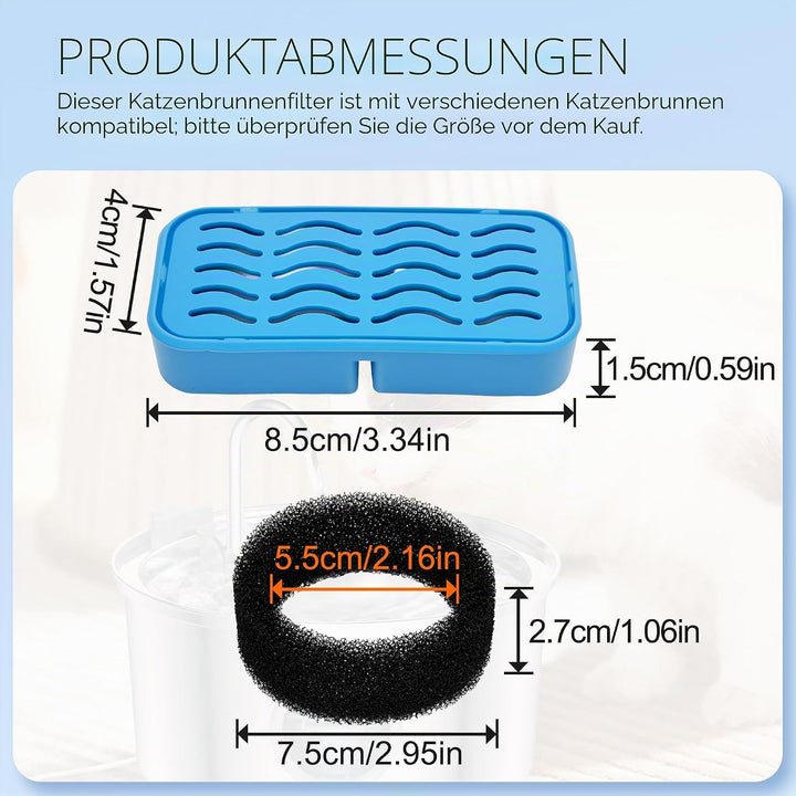 8 Stück Filter + 8 Stück Schaumstofffilter für Katzenbrunnen – Dreifache Filterung mit Aktivkohle &amp;