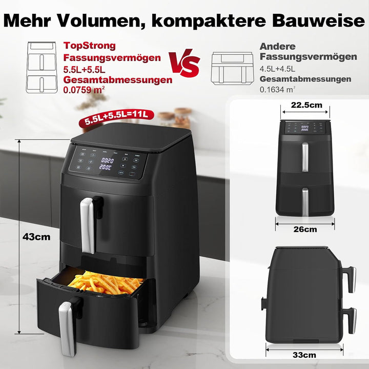 TopStrong Heissluftfritteuse, Airfryer 2 Kammern Vertikale 11L, Double Stack Heissluftfritteuse Dopp