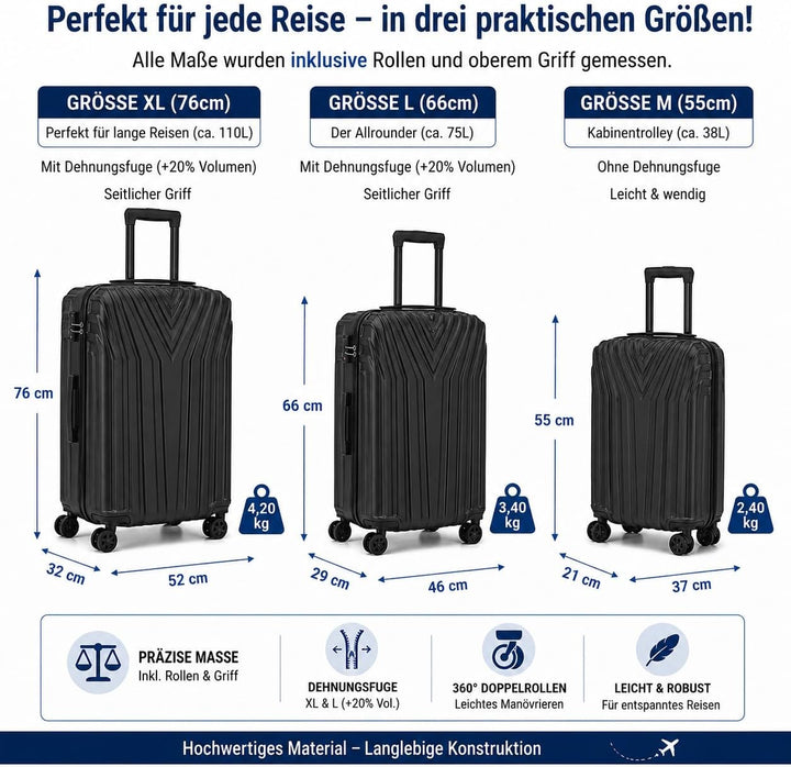 BEIBYE Kofferset Rollkoffer Koffer Hartschale,TSA Schloss, Zwillingsrollen, Erweiterung (Schwarz, 66