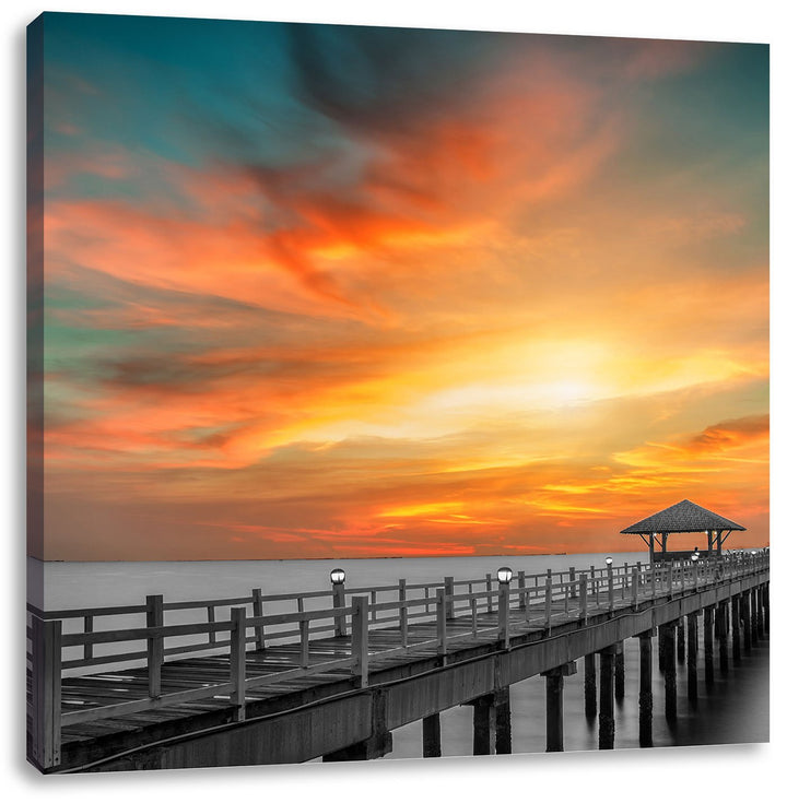 Pixxprint Steg ins Meer bei Sonnenuntergang als Leinwandbild | Grösse: 70x70 cm | Wandbild | Kunstdr