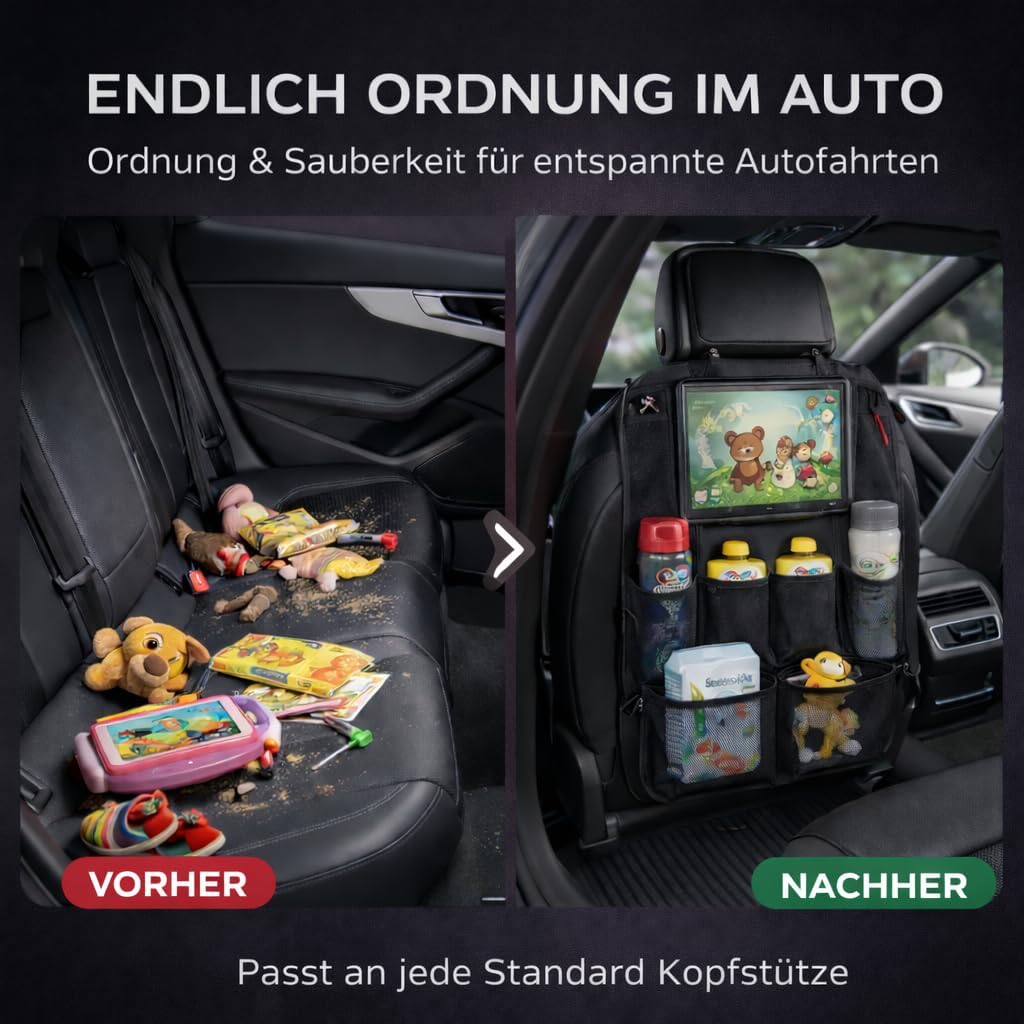 HerzensKind Rückenlehnenschutz und Organizer. Auto Organizer mit extra grossem 13" Tabletfach und 9