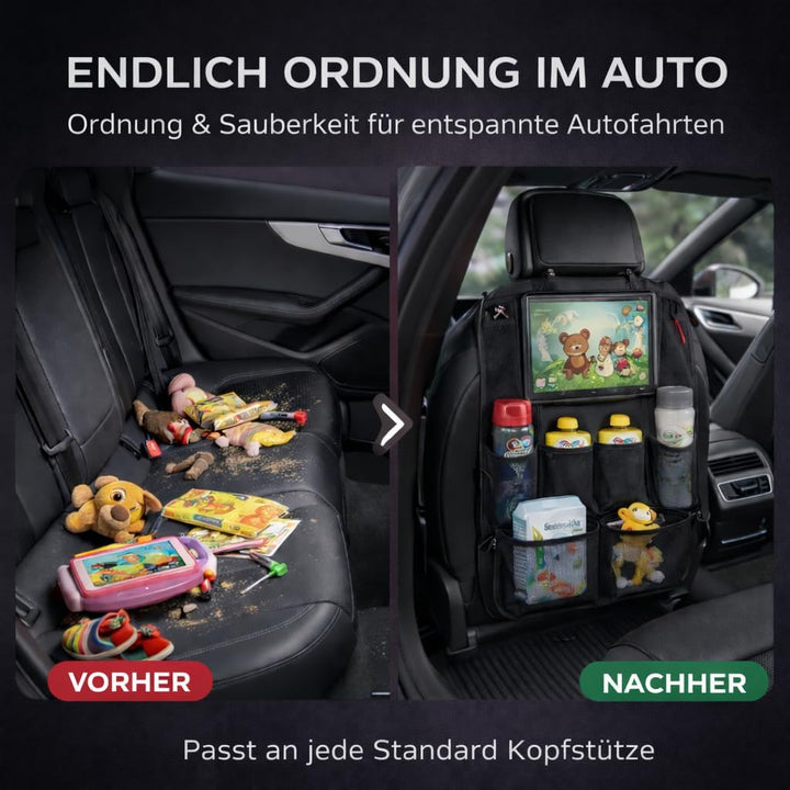 HerzensKind Rückenlehnenschutz und Organizer. Auto Organizer mit extra grossem 13" Tabletfach und 9