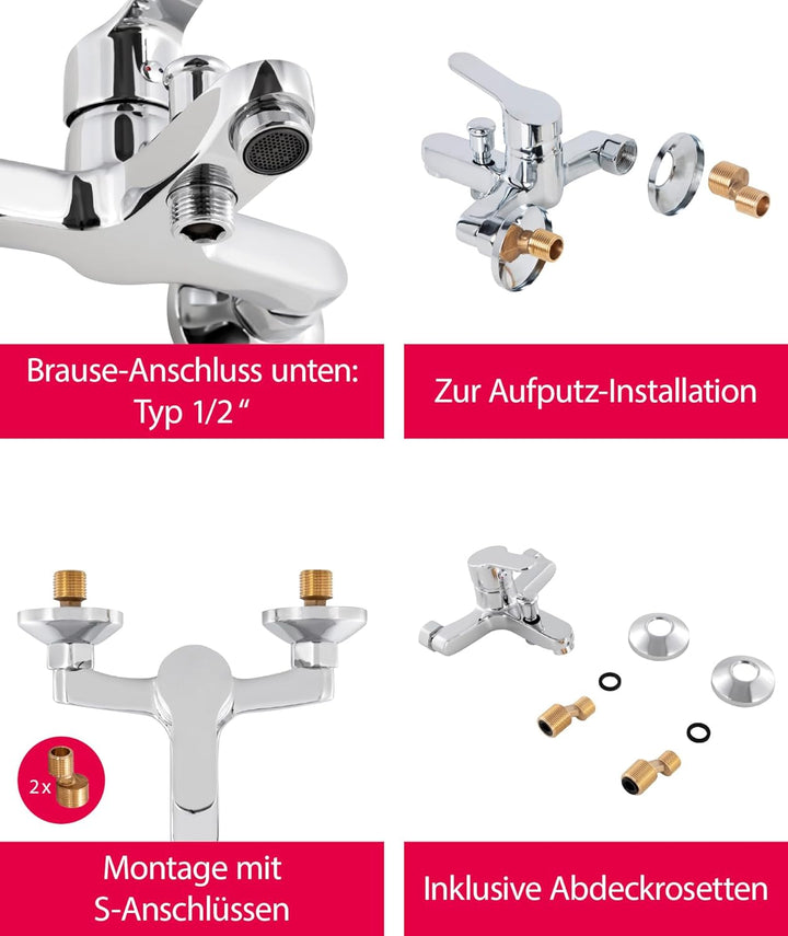 aquaSu® Basic Wannenarmatur 863 mit Umsteller, Typ 1/2 '' Brauseabgang unten, Wandbefestigung, Stand