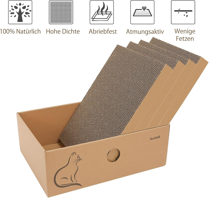 AUSCAT Kratzbrett Katze mit Box, 4 STK. Doppelseitige Kratzpappe für Katzen, Wellpappe Kratzbrett fü