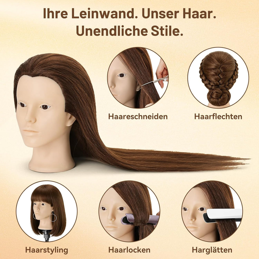 TwoWin Frisierkopf Echthaar mit Ohrlöchern, 60 cm (24 Zoll) Friseurkopf Übungskopf 80% echthaar, Tra