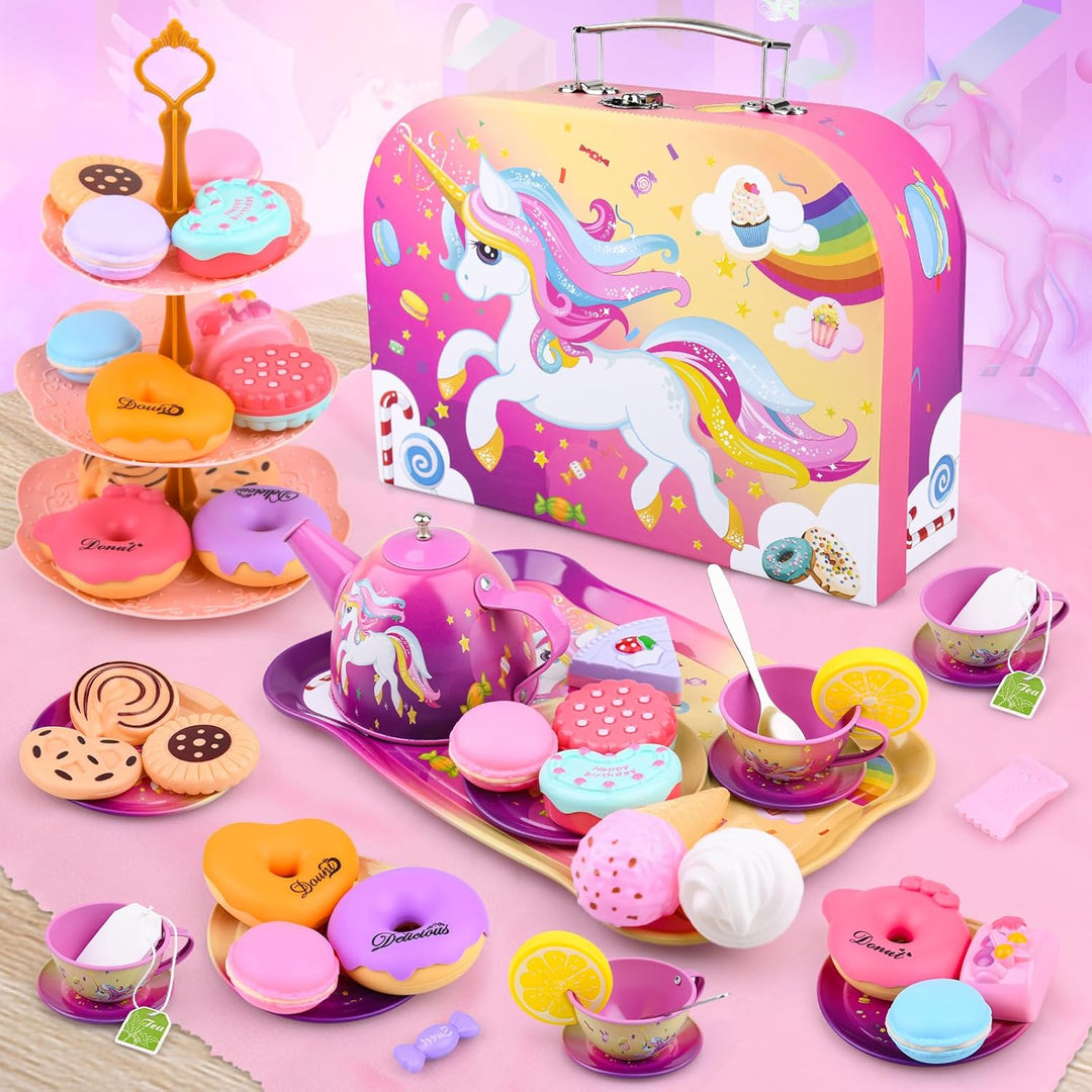 ARANEE Teeservice Kinder Teeparty Rollenspiel Spielzeug Tragekoffer für kleine Mädchen Zinn Tee Set