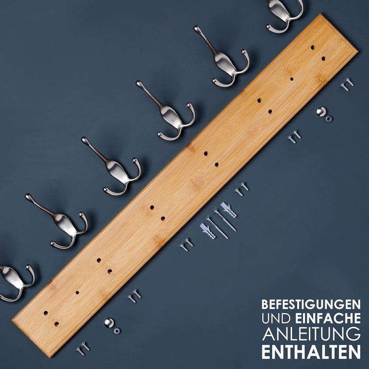 LARHN Garderobenhaken Holz - Garderobenleiste Holz mit 6 Haken in Nickel Matt - 59 cm - Kleiderhaken