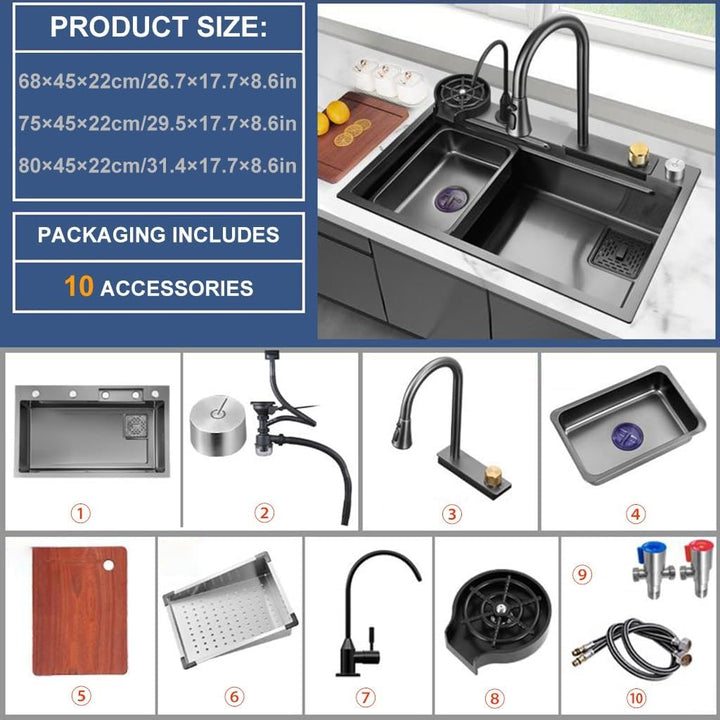 Schwarze Nano-Küchenspüle Edelstahl Wasserfallspüle Set Nanobeschichtete Arbeitsplatzspüle mit herau