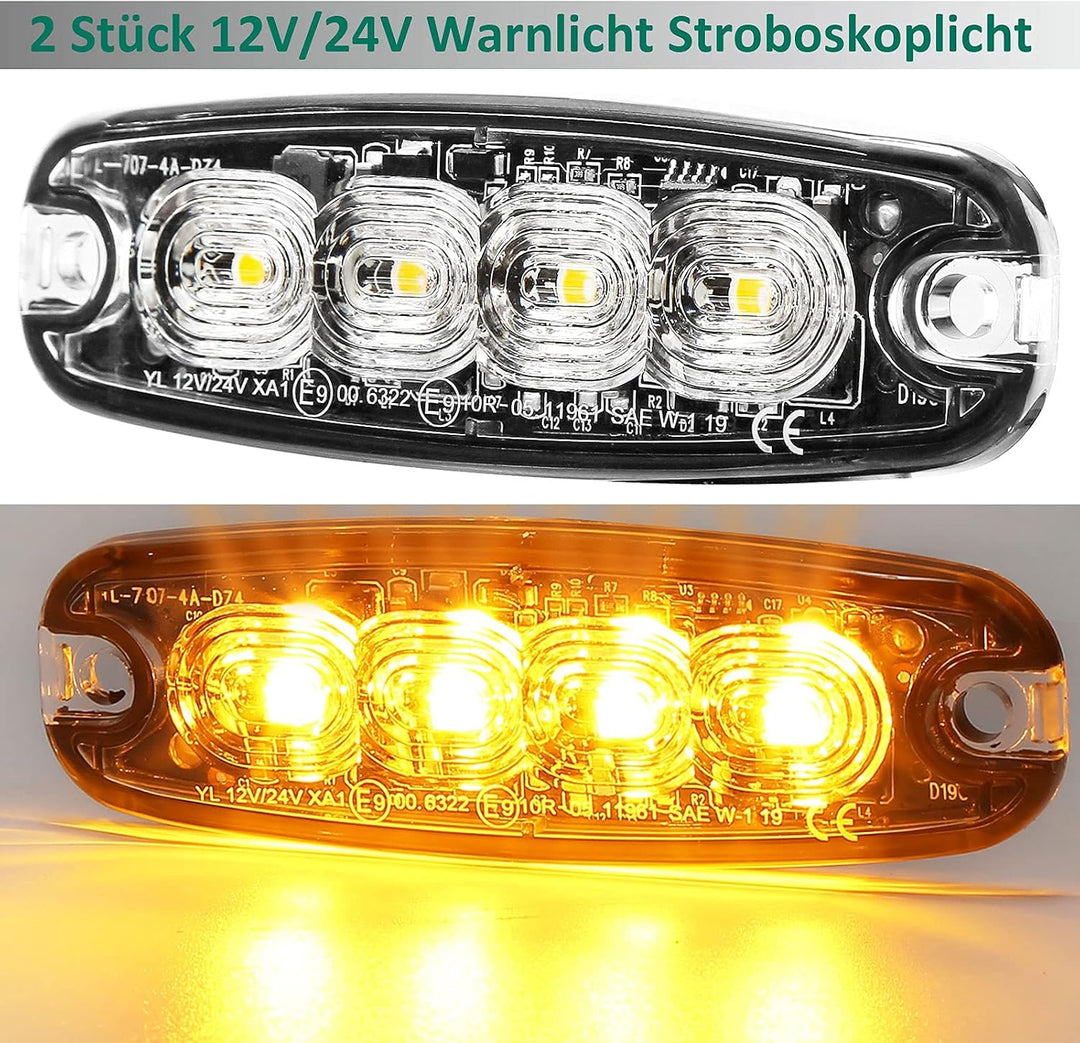 AGRISHOP 12V/24V 4LED Warnlicht Stroboskoplicht,Led Frontblitzer Amber Blitzer,Seite Warnung Blinkli