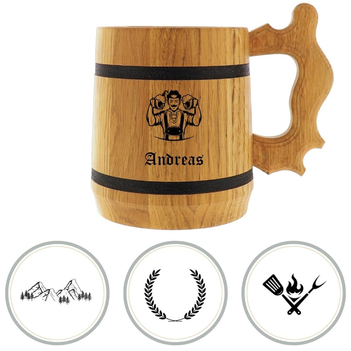 HOFMEISTER® Holz-Bierkrug mit Edelstahleinsatz - 500 ml - personalisierbar mit Name &amp; Motiv - tolle