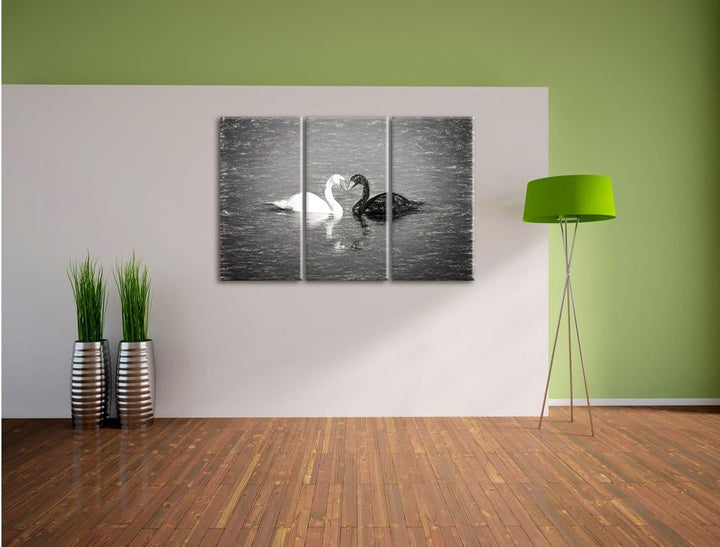 Pixxprint verliebte Schwäne schmusen Kunst / 3-Teilig/Gesamtmass 120cm Leinwandbild bespannt auf Hol