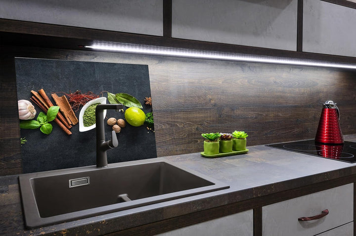 SmartDecoration Herdabdeckplatte Ceranfeldabdeckung aus Glas 60x52 cm Einteilig Motiv "Kräuter" Grau