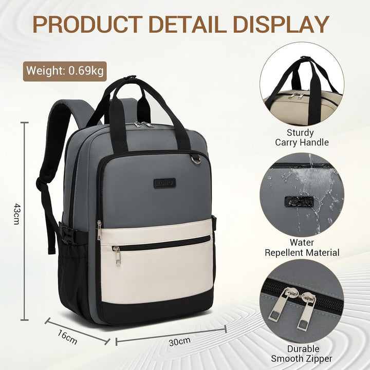 KONO Rucksack Damen 15,6 Zoll Laptop Rucksack, Geräumiger Wasserabweisender Schulrucksack mit Flasch