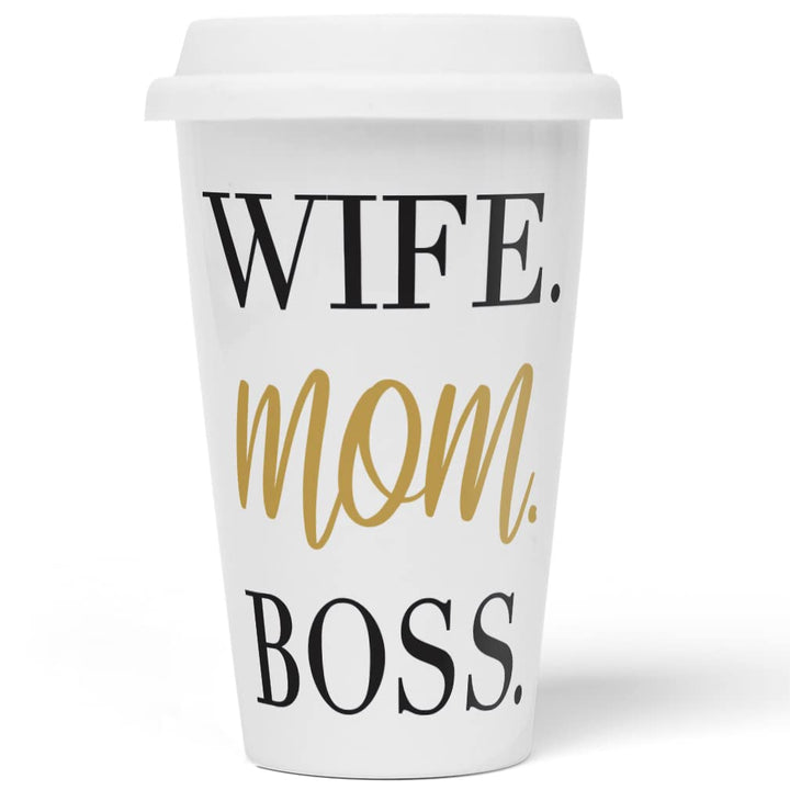 JUNIWORDS To-Go Becher mit Deckel, Wife. Mom. Boss